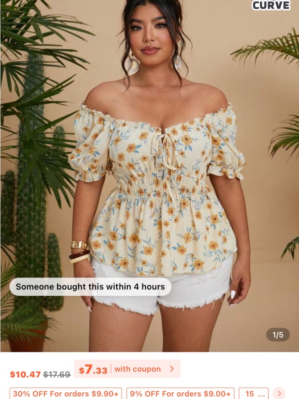 SHEIN Cream Off-Shoulder Smocked Peplum Blouse with Yellow Floral Print